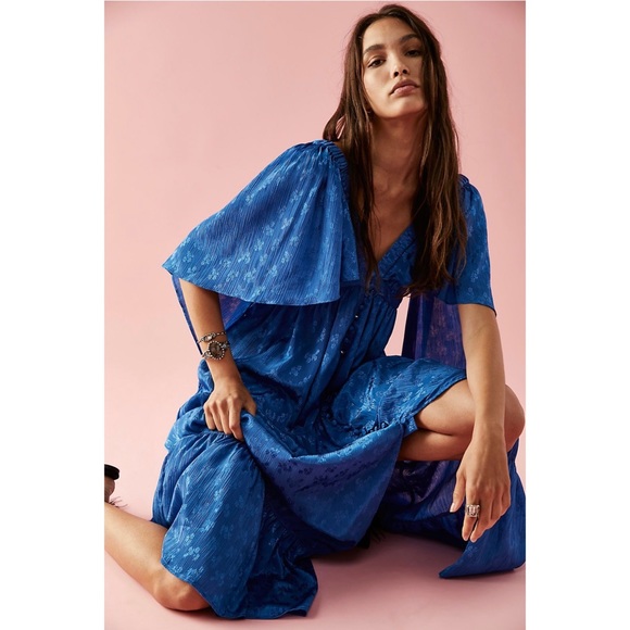 Free People Cha Cha Floral Button Front Cape Style Ruffle Hem Maxi Dress - Picture 3 of 13